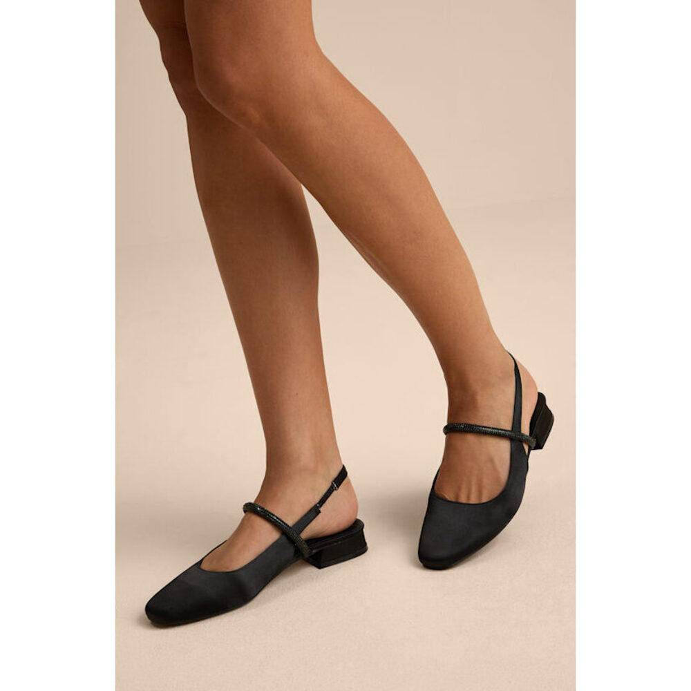 Lulus Clea Black Satin Rhinestone Slingback Flats - Size 10